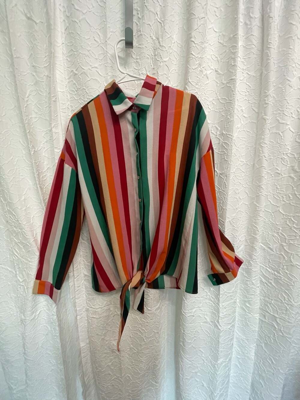 Ariella Multicolor Striped Front Tie Long Sleeve Button Down Blouse USA